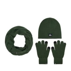 Komplet czapka, komin i rękawiczki Quiksilver. Zielone rękawiczki męskie Quiksilver, bez wzorów. Za 139.99 zł.
