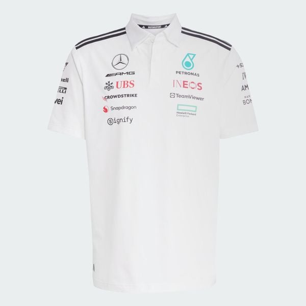 KOSZULKA MERCEDES - AMG PETRONAS FORMULA ONE TEAM POLO. Białe koszulki polo męskie Adidas, s, bez wzorów, z bawełny, klasyczne, bez ramiączek. Za 439.00 zł.