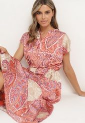 Różowo-Beżowa Rozkloszowana Sukienka ze Ściągaczem w Talii w Stylu Boho Dimirra. Czerwone sukienki damskie Born2be, na co dzień, s, bez wzorów, boho, bez kołnierzyka, bez ramiączek, maxi, proste. Za 99.99 zł.
