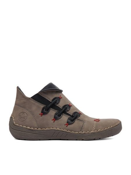 Rieker Botki CEO-72581-42 Szary. Szare botki damskie Rieker, ze skóry, bez obcasa, na płaskiej podeszwie, bez zapięcia. Za 349.99 zł.