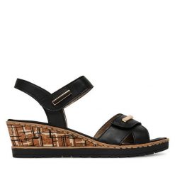 Sandały Remonte. Czarne sandały damskie Remonte, bez wzorów, bez obcasa, na koturnie, bez zapięcia. Za 359.99 zł.