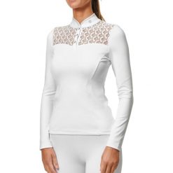 Damska konkursowa koszulka polo z długim rękawem Equestrian Stockholm Crystal Ch. Białe koszulki sportowe damskie EQUESTRIAN STOCKHOLM, bez wzorów, bez kołnierzyka, bez ramiączek, do jazdy konnej. Za 454.00 zł.