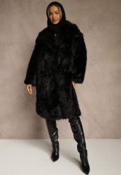 Czarny Płaszcz Futro o Jednorzędowym Kroju z Szerokim Kołnierzem Aweda. Czarne płaszcze damskie Renee, l, bez wzorów, z futra, eleganckie, bez kaptura. Za 329.99 zł.