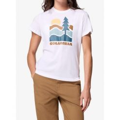 Koszulka z nadrukiem damska Columbia Ruby Springs Graphic Fitted. Białe koszulki sportowe damskie Columbia, bez wzorów, bez kołnierzyka, bez ramiączek. Za 93.99 zł.