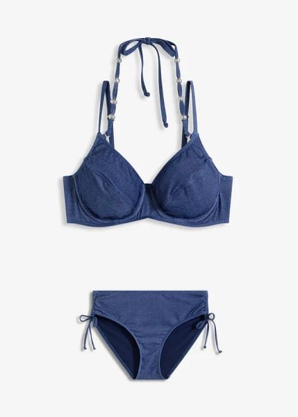 Bikini na fiszbinach w optyce dżinsu (2 części). Niebieskie bikini damskie bonprix, bez wzorów. Za 169.99 zł.