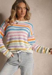 Niebieski Sweter z Dodatkiem Wełny w Kolorowe Paski Aslefa. Niebieskie swetry damskie Renee, m, bez wzorów, z jeansu, casualowe, bez kołnierzyka, bez ramiączek, długie, bez kaptura. Za 109.99 zł.