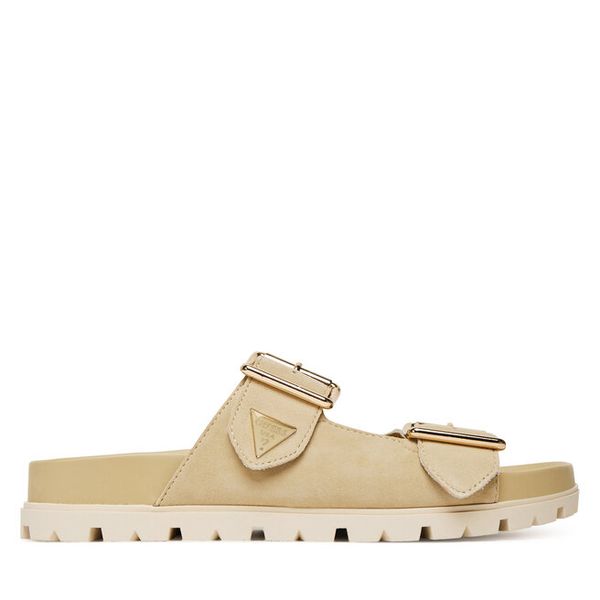 Klapki Guess. Brązowe klapki damskie Guess, z aplikacjami, bez obcasa. Za 379.99 zł.