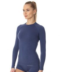 Koszulka wełniana z długim rękawem damska Brubeck ACTIVE WOOL. Niebieskie koszulki sportowe damskie Brubeck, s, bez wzorów, z materiału, bez kołnierzyka, bez ramiączek, trekkingowe. Za 243.99 zł.