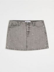 Jeansowa spódnica mini z dżetami - szary. Szare spódnice damskie Sinsay, bez wzorów, z jeansu, mini. Za 59.99 zł.