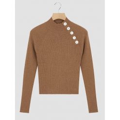 Sweter w kolorze jasnobrązowym. Brązowe swetry damskie Rodier, bez wzorów, prążkowane, bez kołnierzyka, bez ramiączek, bez kaptura. W wyprzedaży za 172.95 zł.