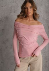 Różowa Marszczona Bluzka z Bawełną i Dekoltem w Łódkę Orinlia. Czerwone bluzki damskie Renee, l, bez wzorów, z bawełny, eleganckie, bez kołnierzyka, bez ramiączek. Za 99.99 zł.