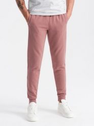 Męskie spodnie dresowe bawełniane joggery BASIC – ciemnoróżowe V4 - Rozmiar: S. Czerwone spodnie sportowe męskie Ombre Clothing, m, bez wzorów, z bawełny. W wyprzedaży za 149.99 zł.