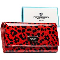 Czerwony, duzy portfel damski ze skóry ekologicznej i naturalnej w cętki, zamykany zatrzaskiem - Peterson. Czerwone portfele damskie Peterson, bez wzorów, ze skóry ekologicznej. Za 139.99 zł.