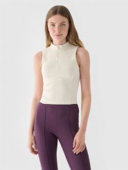 4F Top slim z prążkowanej dzianiny damski - biały L. Białe koszulki sportowe damskie 4f, l, bez wzorów, z bawełny, bez kołnierzyka, bez ramiączek. W wyprzedaży za 39.99 zł.