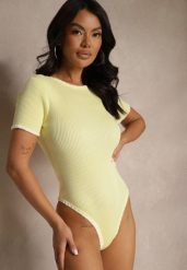Żółte Body z Wiskozą z Dekoltem na Plecach i Ozdobną Lamówką Redorina. Żółte bluzki damskie Renee, bez wzorów, z jeansu, eleganckie, bez kołnierzyka, bez ramiączek. Za 69.99 zł.