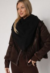 Czarny Gładki Szalik z Frędzlami Vetiela. Czarne szaliki i chusty damskie Born2be, na zimę, bez wzorów, z jeansu, eleganckie. Za 34.99 zł.