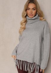 Szary Golf Wykończony z Przodu Frędzlami Gartoria. Szare swetry damskie Renee, l, bez wzorów, eleganckie, bez kołnierzyka, bez ramiączek, długie, bez kaptura. Za 99.99 zł.