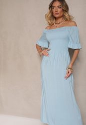 Jasnoniebieska Rozkloszowana Sukienka Hiszpanka z Bawełny z Elastyczną Górą Maissa. Niebieskie sukienki damskie Renee, na co dzień, l, bez wzorów, z bawełny, eleganckie, bez kołnierzyka, bez ramiączek, midi, rozkloszowane. Za 39.99 zł.