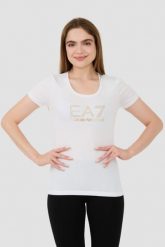 EA7 Biały t-shirt z cyrkoniami. Białe t-shirty damskie EA7 Emporio Armani, xs, bez wzorów, bez kołnierzyka. W wyprzedaży za 359.99 zł.