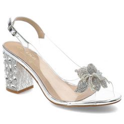 Srebrne Sandały S.Barski Eleganckie Buty Na Słupku. Szare klapki damskie S.BARSKI, bez wzorów, bez obcasa, na obcasie, bez zapięcia. Za 149.00 zł.
