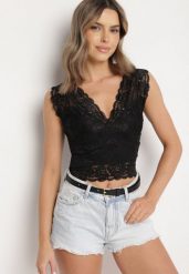 Czarny Koronkowy Top z Dekoltem w Serek Nitasena. Czarne bluzki damskie Born2be, l, bez wzorów, z jeansu, eleganckie, bez kołnierzyka, bez ramiączek. Za 39.99 zł.