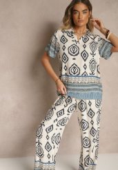 Niebieski Komplet z Wiskozy Luźne Spodnie i Bluzka w Print Boho Ralkio. Niebieskie bluzki damskie Renee, l, bez wzorów, z materiału, boho, bez kołnierzyka, bez ramiączek. Za 89.99 zł.