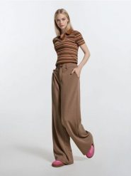 Spodnie wide leg - brązowy. Brązowe spodnie materiałowe damskie Sinsay, l, bez wzorów. Za 49.99 zł.