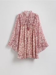 Wzorzysta sukienka mini - różowy. Czerwone sukienki damskie Reserved, l, bez wzorów, z tkaniny, bez kołnierzyka, bez ramiączek, mini, rozkloszowane. W wyprzedaży za 119.99 zł.