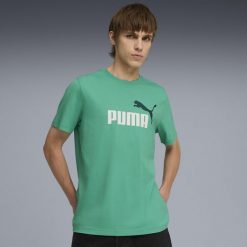 Męska koszulka Essentials z dwukolorowym logo No. 1 PUMA. Zielone koszulki sportowe męskie Puma, m, bez wzorów, z gumy, bez kołnierzyka, bez ramiączek, do biegania. Za 99.00 zł.