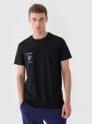4F T-shirt regular z nadrukiem męski - czarny S. Czarne koszulki sportowe męskie 4f, m, bez wzorów, z bawełny, klasyczne, bez kołnierzyka. W wyprzedaży za 29.99 zł.