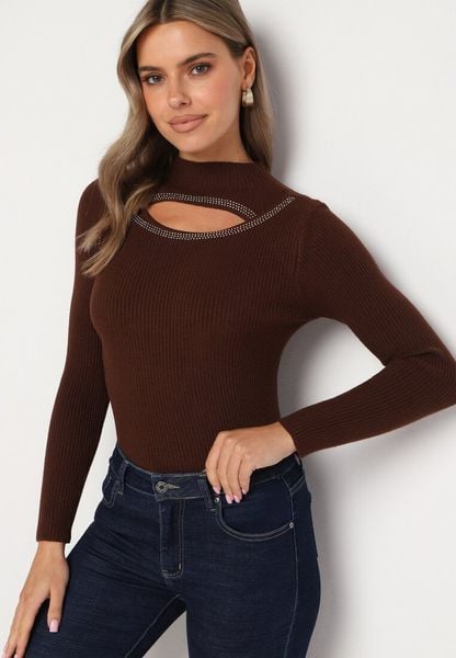 Brązowy Prążkowany Golf z Wycięciem Przy Dekolcie z Cyrkoniami Wokół Merithias. Brązowe swetry damskie Born2be, z aplikacjami, z bawełny, eleganckie, bez kołnierzyka, bez ramiączek, bez kaptura. Za 49.99 zł.