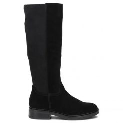 Skórzane kozaki ze streczem czarne Filippo DKZ8222. Czarne kozaki damskie Filippo, ze skóry, bez obcasa. Za 339.99 zł.