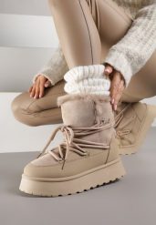 Ciemnobeżowe Śniegowce na Platformie Ozdobione Futerkiem Anwedea. Brązowe śniegowce dziewczęce Renee, z jeansu, eleganckie, bez zapięcia. Za 119.99 zł.