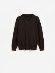 Sweter z bawełny - ciemnobrązowy. Brązowe swetry przez głowę męskie Reserved, l, bez wzorów, z bawełny, bez kołnierzyka. Za 139.99 zł.
