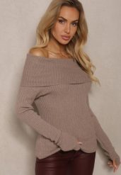 Beżowy Sweter z Wiskozą z Prążkowanego Materiału Ozdobiony Wywiniętym Dekoltem Hedisha. Brązowe swetry damskie Renee, bez wzorów, z jeansu, biznesowe, bez kołnierzyka, bez ramiączek, bez kaptura. Za 99.99 zł.