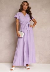 Fioletowa Koktajlowa Maxi Sukienka Ozdobiona Plisami z Trójkątnym Dekoltem i Wiązaniem w Talii Phoelia. Fioletowe sukienki damskie Renee, na imprezę, m, bez wzorów, eleganckie, bez kołnierzyka, bez ramiączek, maxi. Za 89.99 zł.