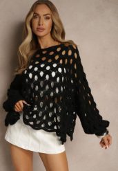 Czarny Nietoperzowy Sweter z Dzianiny z Wełną o Ażurowym Splocie Filarasea. Czarne swetry damskie Renee, w ażurowe wzory, z dzianiny, casualowe, bez kołnierzyka, bez ramiączek, bez kaptura. Za 119.99 zł.