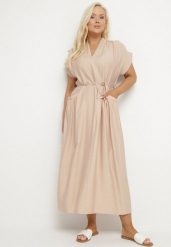 Beżowa Wiskozowa Sukienka Pudełkowa z Cienkim Paskiem i Kieszeniami Lumivorae. Brązowe sukienki damskie Born2be, na co dzień, plus size, bez wzorów, z wiskozy, eleganckie, bez kołnierzyka, plus size, bez ramiączek, maxi, proste. Za 74.99 zł.