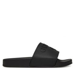 Klapki Guess. Czarne klapki damskie Guess, z aplikacjami, bez obcasa. Za 119.99 zł.