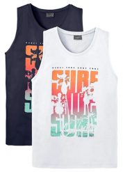 Tank top, slim fit (2 szt.). Niebieskie t-shirty męskie bonprix, m, bez wzorów, bez kołnierzyka. Za 82.99 zł.