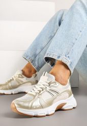 Beżowe Streetwearowe Sneakersy ze Wstawkami z Siateczki Deylisse. Brązowe obuwie sportowe damskie Renee, bez wzorów, z jeansu, trekkingowe. Za 89.99 zł.