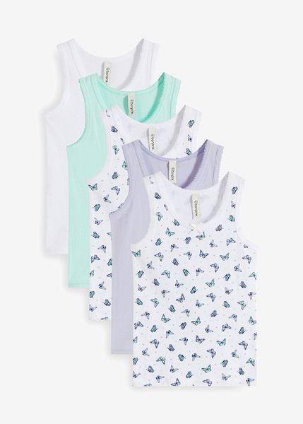 Podkoszulki (5 szt.). Białe t-shirty i topy dla dziewczynek bonprix, bez wzorów, bez ramiączek. Za 82.99 zł.