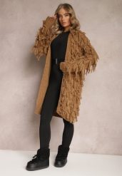 Brązowy Niezapinany Kardigan w Ozdobne Frędzle Massawa. Brązowe kardigany damskie Renee, bez wzorów, eleganckie, bez kołnierzyka, bez ramiączek, bez kaptura. Za 169.99 zł.