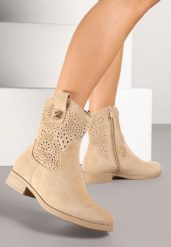 Ciemnobeżowe Botki Kowbojki Ażurowe Efaliria. Brązowe botki damskie Renee, bez obcasa, na płaskiej podeszwie, bez zapięcia. Za 109.99 zł.