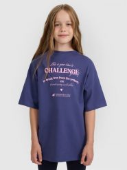 4F T-shirt oversize z nadrukiem dziewczęcy - granatowy 164 (13-14 lat). Niebieskie t-shirty i topy dla dziewczynek 4f, bez wzorów, z bawełny, bez ramiączek. W wyprzedaży za 39.99 zł.