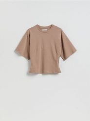 Taliowany t-shirt - beżowy. Brązowe t-shirty damskie Reserved, l, bez wzorów, z bawełny, klasyczne, bez kołnierzyka. Za 59.99 zł.