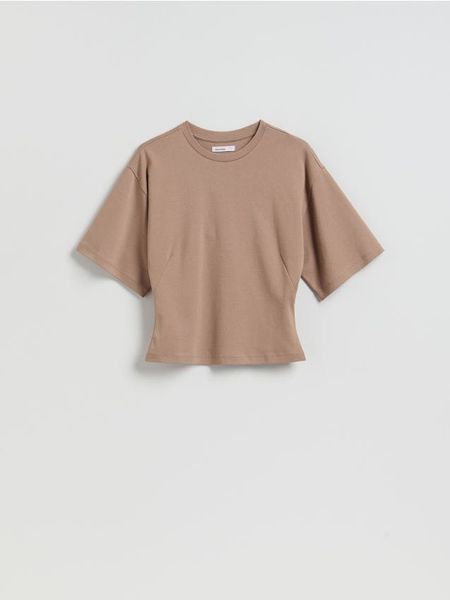 Taliowany t-shirt - beżowy. Brązowe t-shirty damskie Reserved, l, bez wzorów, z bawełny, klasyczne, bez kołnierzyka. Za 59.99 zł.