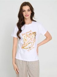 Bawełniana koszulka z cekinową aplikacją - biały. Białe t-shirty damskie Sinsay, l, z aplikacjami, z bawełny, bez kołnierzyka. Za 25.99 zł.