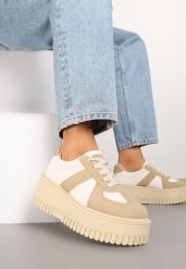 Ciemnobeżowe Sneakersy Typu Tenisówki na Żłobionej Platformie Lorreia. Brązowe obuwie sportowe damskie Renee, bez wzorów, z jeansu, eleganckie, bez zapięcia. Za 89.99 zł.