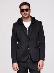 Marynarka męska z kapturem z aplikacją smoka na plecach - czarna V1. Czarne marynarki męskie Ombre Clothing, z aplikacjami, z dzianiny, biznesowe. W wyprzedaży za 439.99 zł.